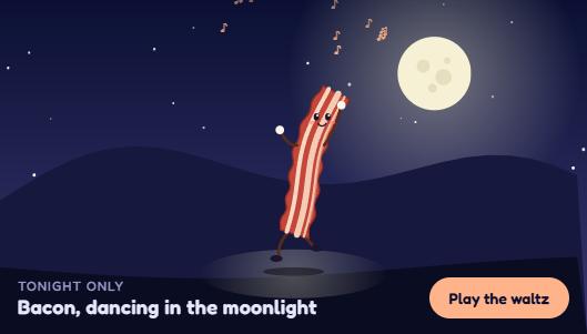 A strip of bacon dancing on a hill under a full moon