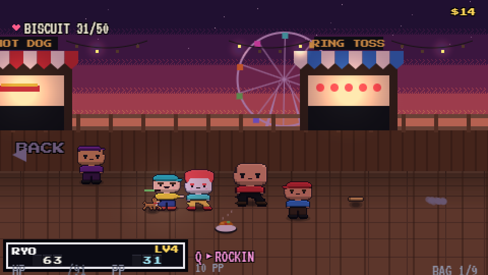 Onion City Rumble on the Sunset Boardwalk: the kid fights a clown, a strongman and a ticket carnie while his little brown dog runs alongside and a plate of favorite food steams on the boardwalk