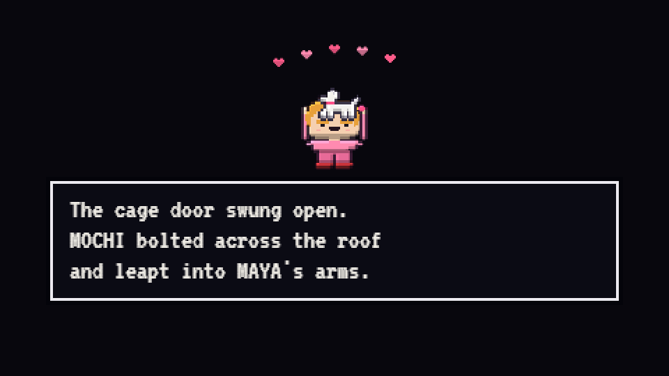 Ending scene: the girl holds her rescued puppy up while pink hearts float above, with the text The cage door swung open