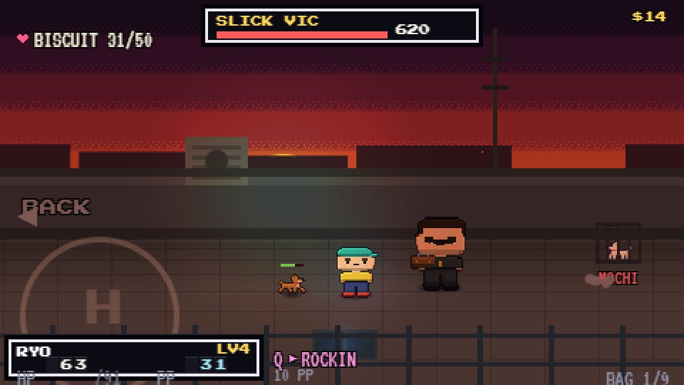 Vic's tower roof at sunset: the kid and his dog face Slick Vic while the kidnapped puppy waits in a small cage