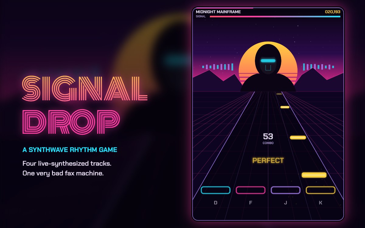 Signal Drop: notes slide down a neon highway toward four lane keys while a masked DJ stands in front of a synthwave sunset